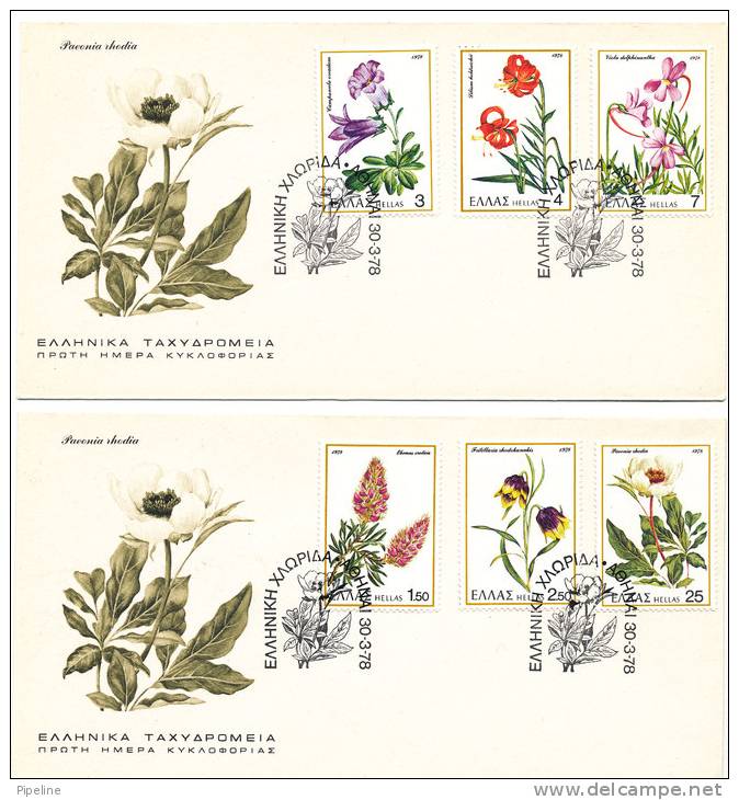 Greece FDC 30-8-1978 Complete Set Of 6 FLOWERS Stamps On 2 Covers With Cachet - FDC