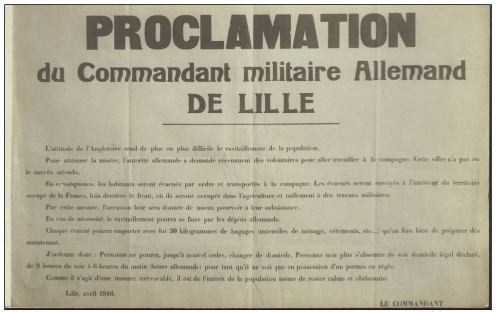 CPA  Proclamation Du Cdt Militaire Allemand De Lille, Avril 1916. - Lille