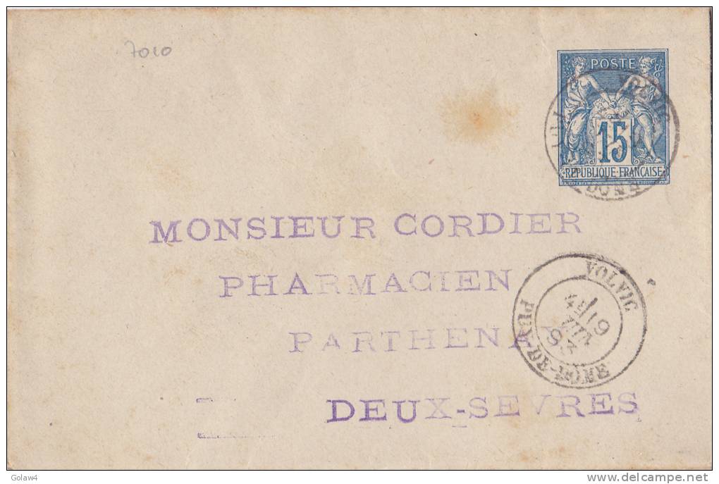 7010# ENTIER POSTAL SAGE ENVELOPPE 116x71 VOLVIC PUY DE DOME 1893 REPIQUAGE ARTISANAL PHARMACIE PARTHENAY DEUX SEVRES - Buste Ristampe (ante 1955)