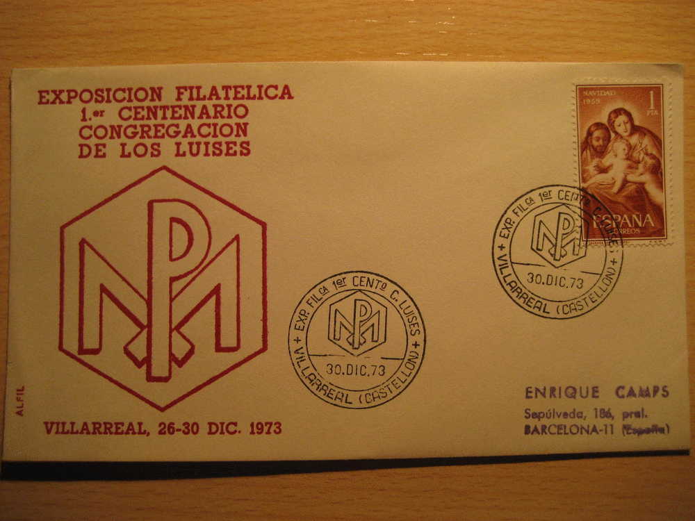 VILLARREAL CASTELLON 1973 Expo Fil 1er Cent Congregacion De Los Luises Matasellos Especial Sobre Cover Lettre - Storia Postale