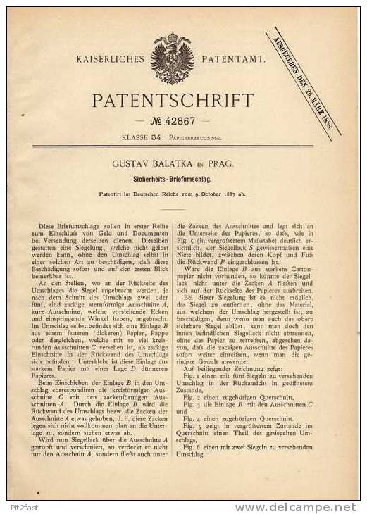 Original Patentschrift - G. Balatka In Prag , 1887 , Sicherheits - Briefumschlag Mit Siegel , Dokumente !!! - Stempels