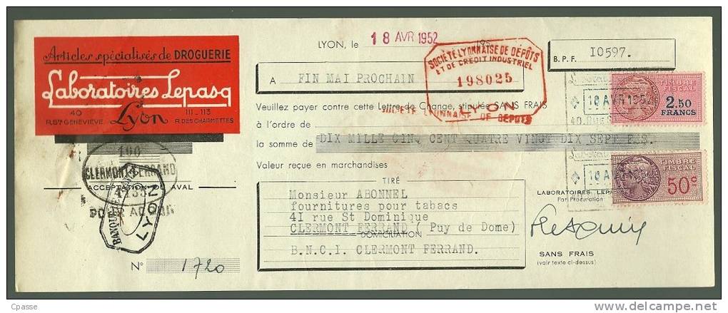 Facture + Traite 1952 - Laboratoires LEPASQ Articles Spécialisés De Droguerie - 69 LYON Rhône, Rue Ste Geneviève - Droguerie & Parfumerie