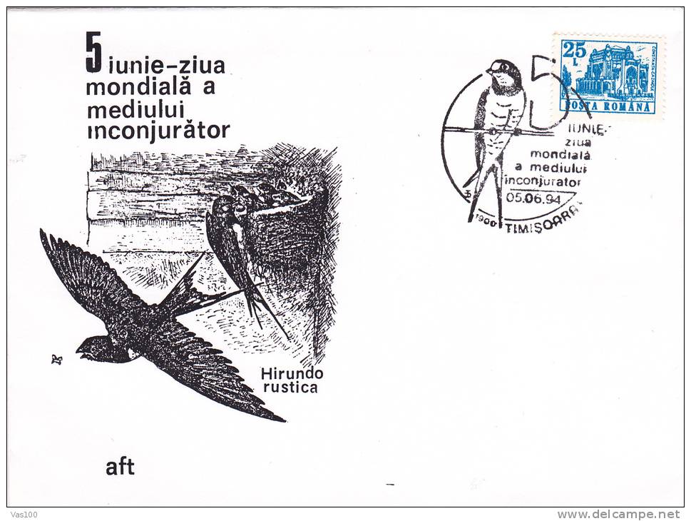 SWALLOW, WORLD ENVIRONMENT DAY, 1994, SPECIAL COVER, OBLITERATION CONCORDANTE, ROMANIA - Golondrinas