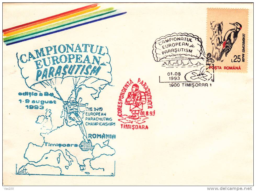 SKY DIVING, PARACHUTISM, EUROPEAN CHAMPIONSHIP, 1993, SPECIAL COVER, OBLITERATION CONCORDANTE, ROMANIA - Parachutisme