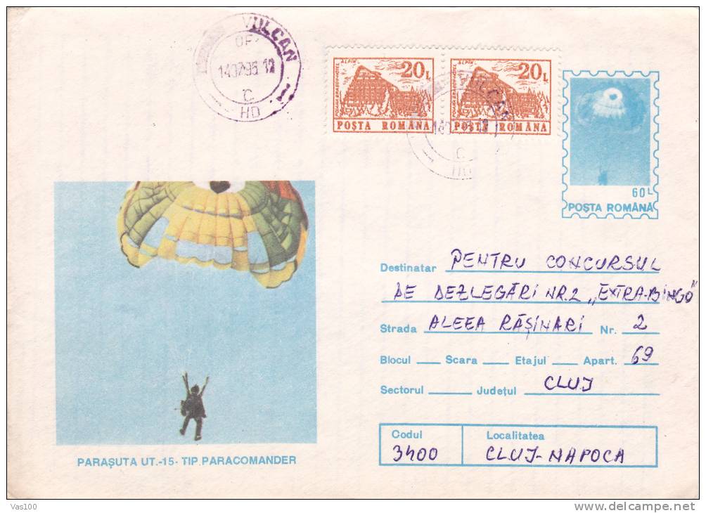 SKY DIVING, 1995, COVER STATIONERY, ENTIER POSTAL, SENT TO MAIL, ROMANIA - Parachutting