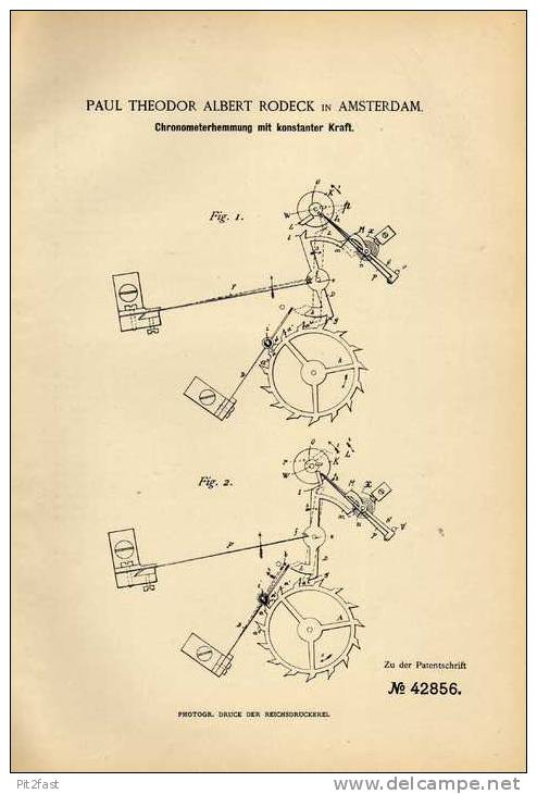 Original Patentschrift - Chronometer , Uhr , 1887 , P. Rodeck In Amsterdam !!! - Other & Unclassified