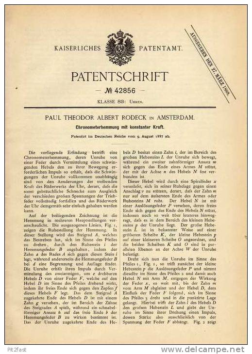 Original Patentschrift - Chronometer , Uhr , 1887 , P. Rodeck In Amsterdam !!! - Altri & Non Classificati