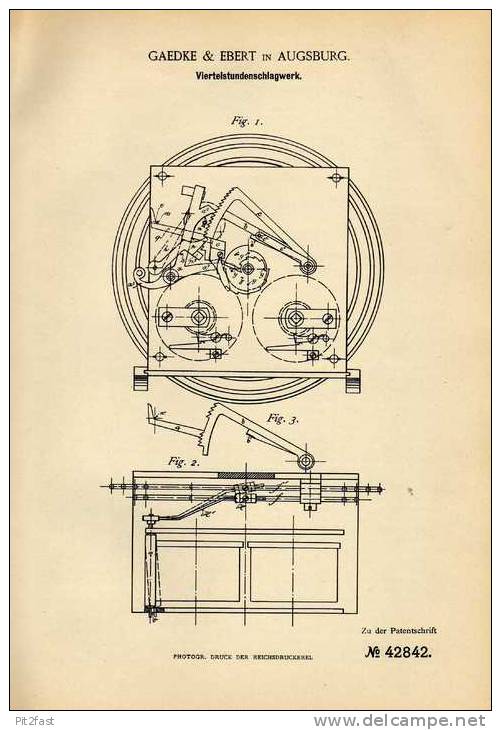 Original Patentschrift - Gaedke & Ebert In Augsburg , 1887 , Schlagwerk Für Uhr , Viertelstundenschlagwerk !!! - Sonstige & Ohne Zuordnung