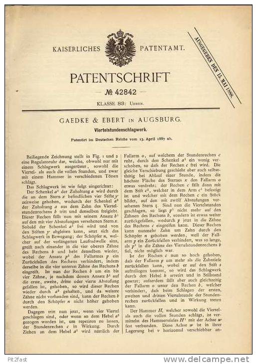 Original Patentschrift - Gaedke & Ebert In Augsburg , 1887 , Schlagwerk Für Uhr , Viertelstundenschlagwerk !!! - Altri & Non Classificati