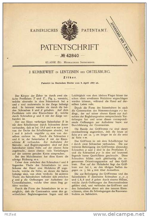 Original Patentschrift - J. Kurbjeweit In Lentzinen B. Ortelsburg , 1887 , Zither , Musik , Musikinstrument ,  Szczytno - Instrumentos De Música