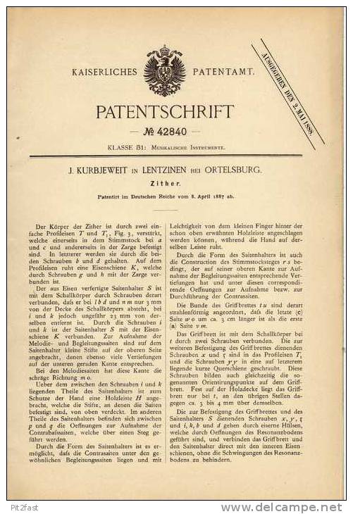 Original Patentschrift - J. Kurbjeweit In Lentzinen B. Ortelsburg , 1887 , Zither , Musik , Musikinstrument ,  Szczytno - Strumenti Musicali