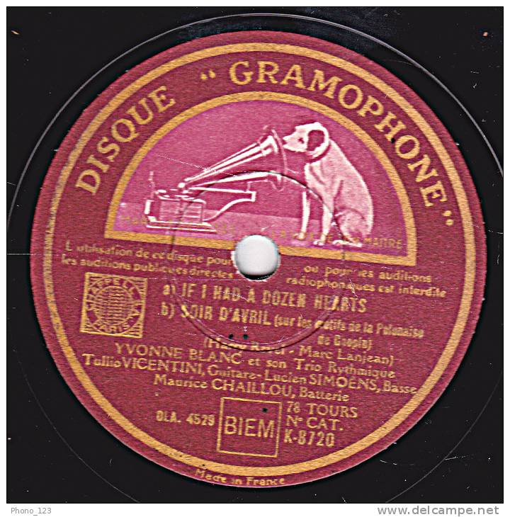 78 Tours - DISQUE "GRAMOPHONE" K-8720 - YVONNE BLANC Et Son Trio Rythmique - 78 T - Disques Pour Gramophone