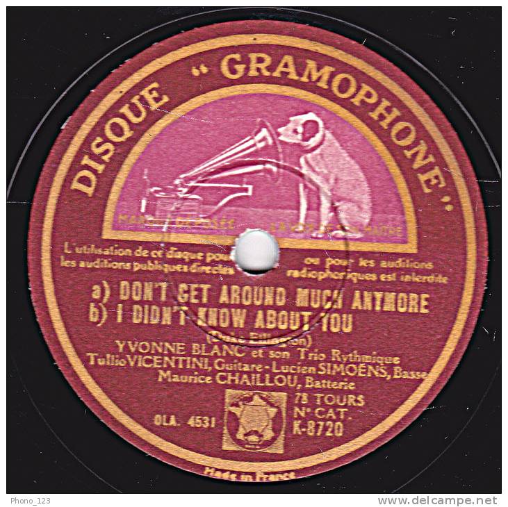 78 Tours - DISQUE "GRAMOPHONE" K-8720 - YVONNE BLANC Et Son Trio Rythmique - 78 T - Grammofoonplaten