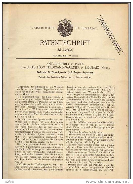 Original Patentschrift - A. Siret In Roubaix Und Paris , 1886 , Webstuhl Für Samt - Teppich , Perser , Weberei , Weber ! - Machines