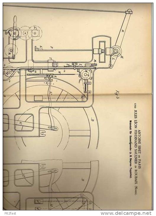 Original Patentschrift - A. Siret In Roubaix Und Paris , 1886 , Webstuhl Für Samt - Teppich , Perser , Weberei , Weber ! - Machines
