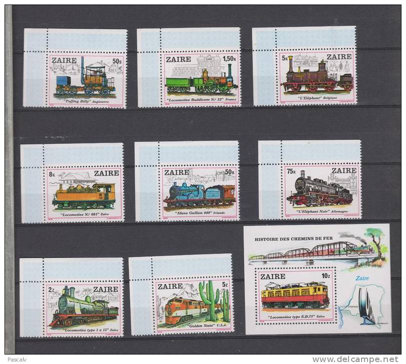 ZAIRE 992 / 999 + Bloc 37 Neufs ** MNH Train Locomotive Cote 26 Euro - Unused Stamps