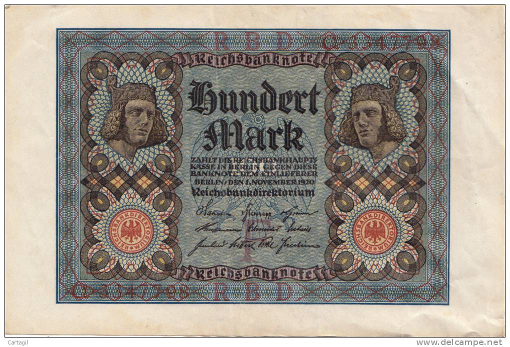 NUM - B410 -  Billet Reichsbanknote 100 Marks (détail RV 2 Scans ) - 100 Mark