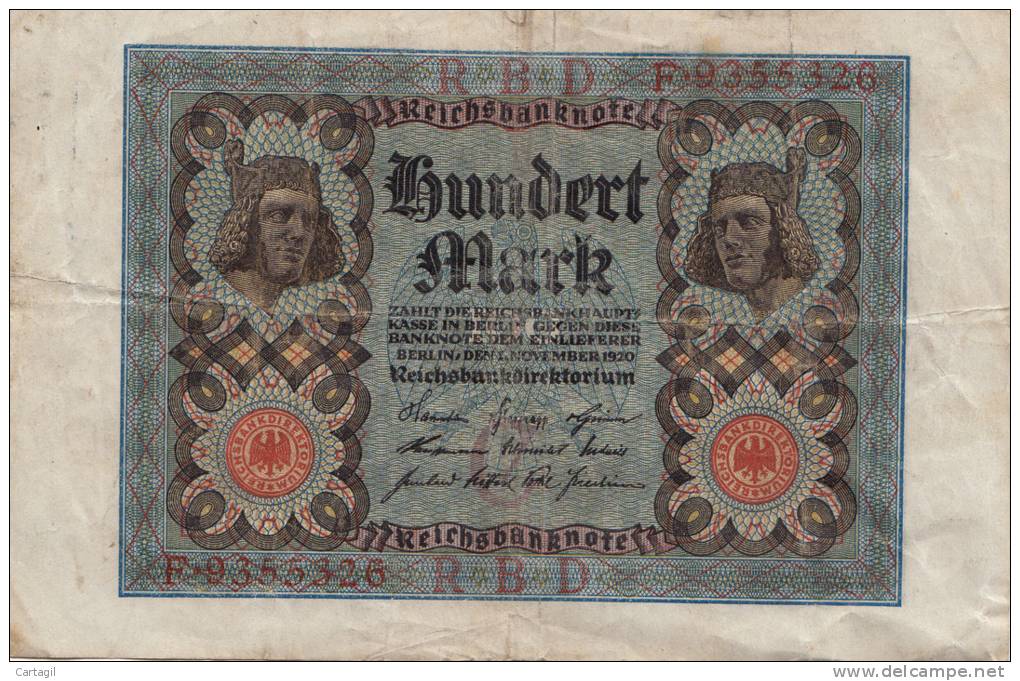 NUM - B411 -  Billet Reichsbanknote 100 Marks (détail RV 2 Scans ) - 100 Mark