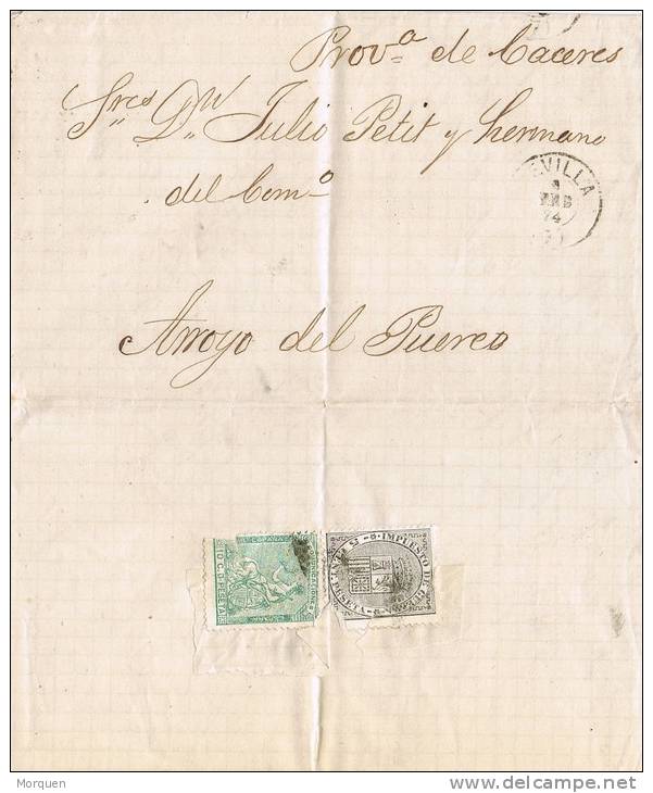 Carta Entera Sevilla 1874 A Arroyo Del Puerco. Impuesto De Guerra - Storia Postale