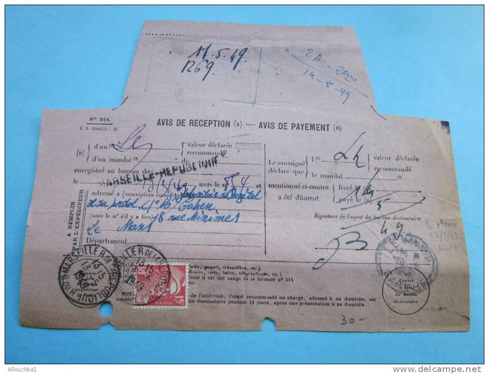 Judaïca Marseille République PTT étabt Puget  Avis De Réception Paiement Pr Le Mans 13 Mai 1949 Timbre Marianne Gandon - Télégraphes Et Téléphones