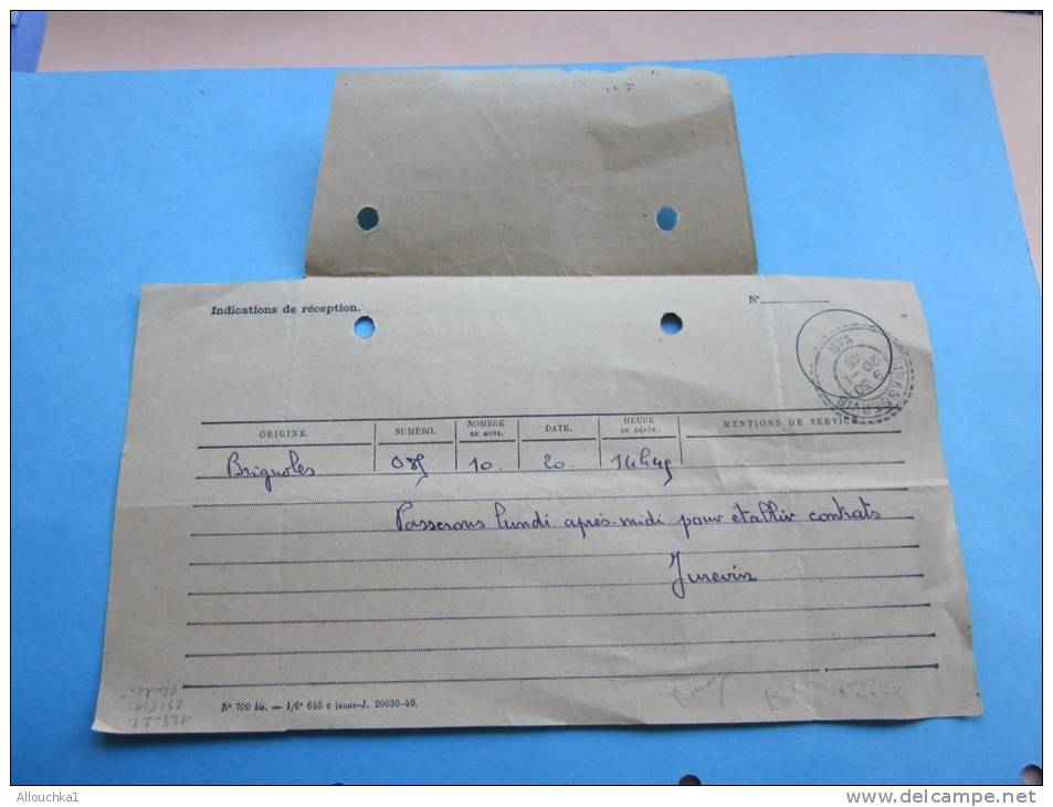 Brignoles Télégramme Pr Sté Coopérative Agricole à Ginasservis (Var)cachet à Date Rural Tiretet  20/01/1945 - Télégraphes Et Téléphones