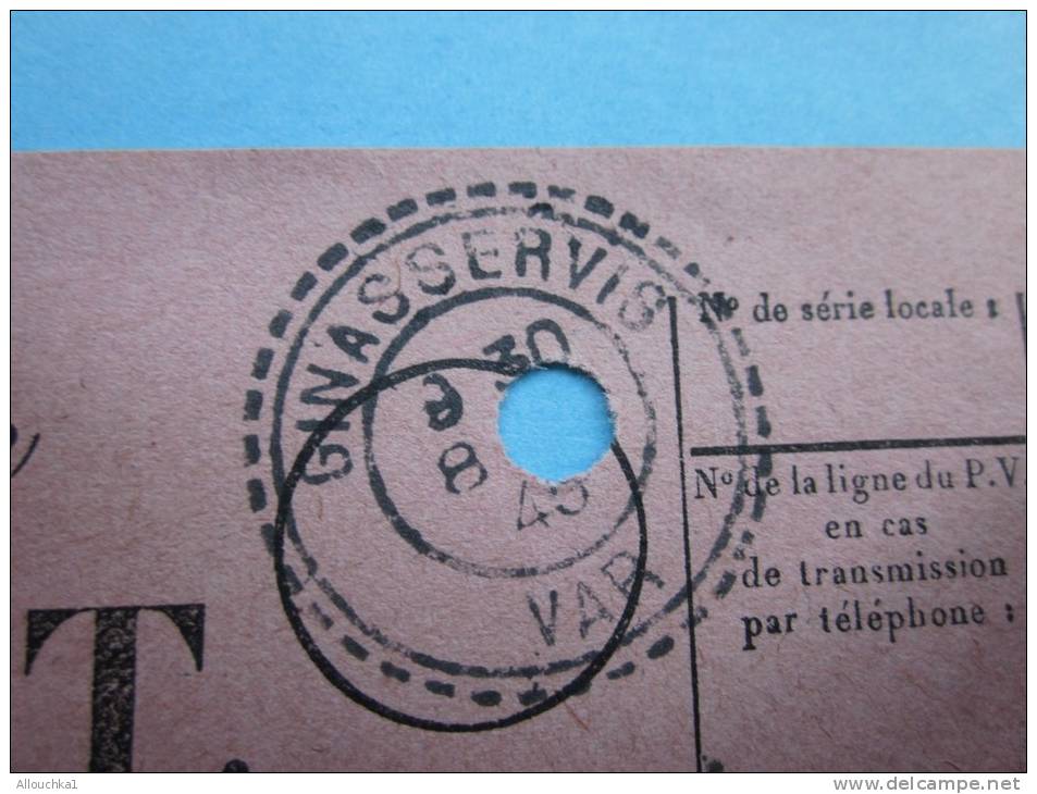 Toulon :télégramme Urgentpr Sté Coopérative Agricole à Ginasservis (Var) 1940 Cuve 3 Vendue Vinaigrerie(du Vin) Impropre - Telegraaf-en Telefoonzegels