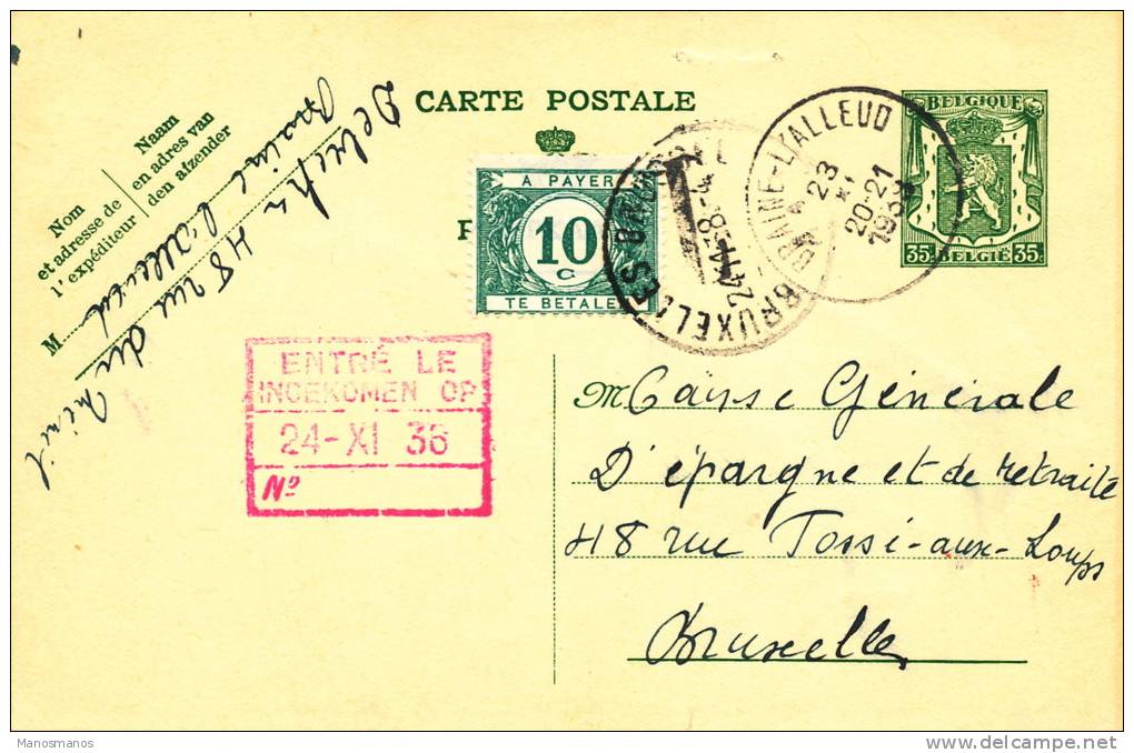 203/19 - Entier Postal Petit Sceau BRAINE L´ALLEUD 1938 Vers BXL - Taxé Timbre-Taxe 10 C à BXL - Postcards 1934-1951