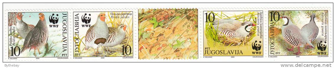 Yugoslavia MNH Scott #2479 Strip Of 4 Plus Center Label (leaves) 10d Perdix Perdix - Worldwide Fund For Nature - Neufs