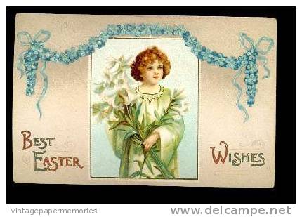 156409-Easter, IAP, Ellen Clapsaddle, Boy In Green Robe Holding Lily Flowers, Embossed Litho - Easter