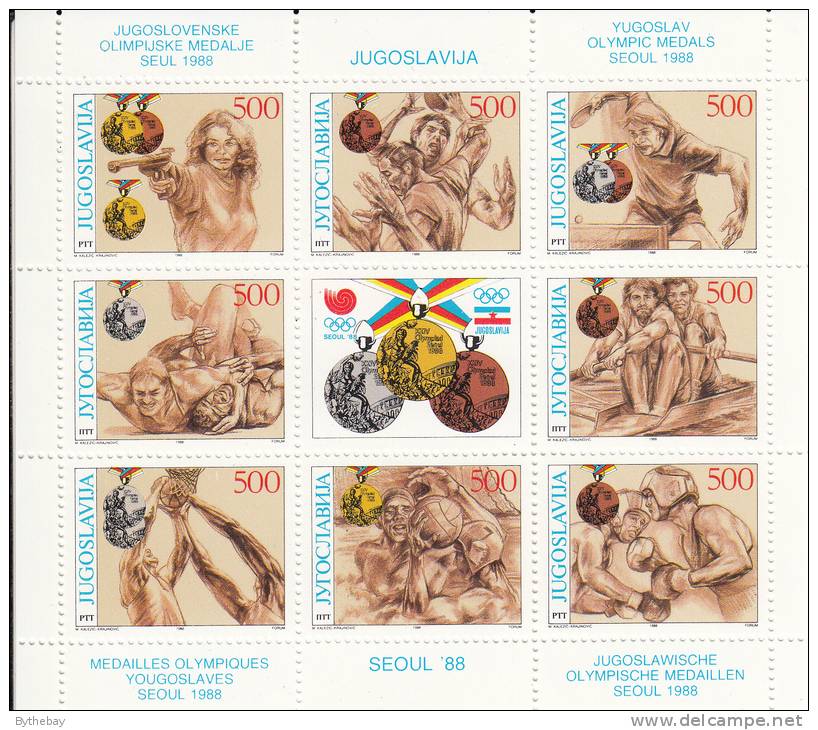 Yugoslavia MNH Scott #1949 Sheet Of 8 Plus Centre Label - 1988 Seoul Olympics Yugoslavian Medal Winners - Hojas Y Bloques