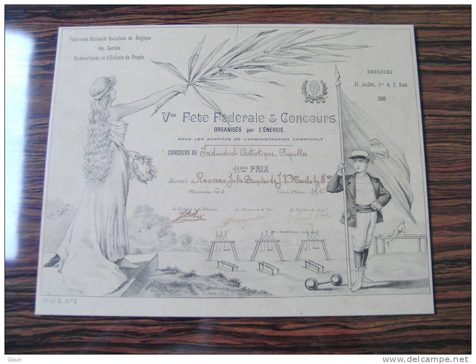 A-1-0 Magnifique Ancien Diplome Soignies 1909 Concours Gymnastique Décerné à J Rousseau - Diploma's En Schoolrapporten