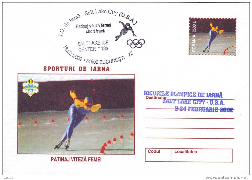 SALT LAKE CITY, WINTER OLYMPIC GAMES, 2002, COVER STATIONERY, ENTIER POSTAL, OBLITERATION CONCORDANTE, ROMANIA - Winter 2002: Salt Lake City