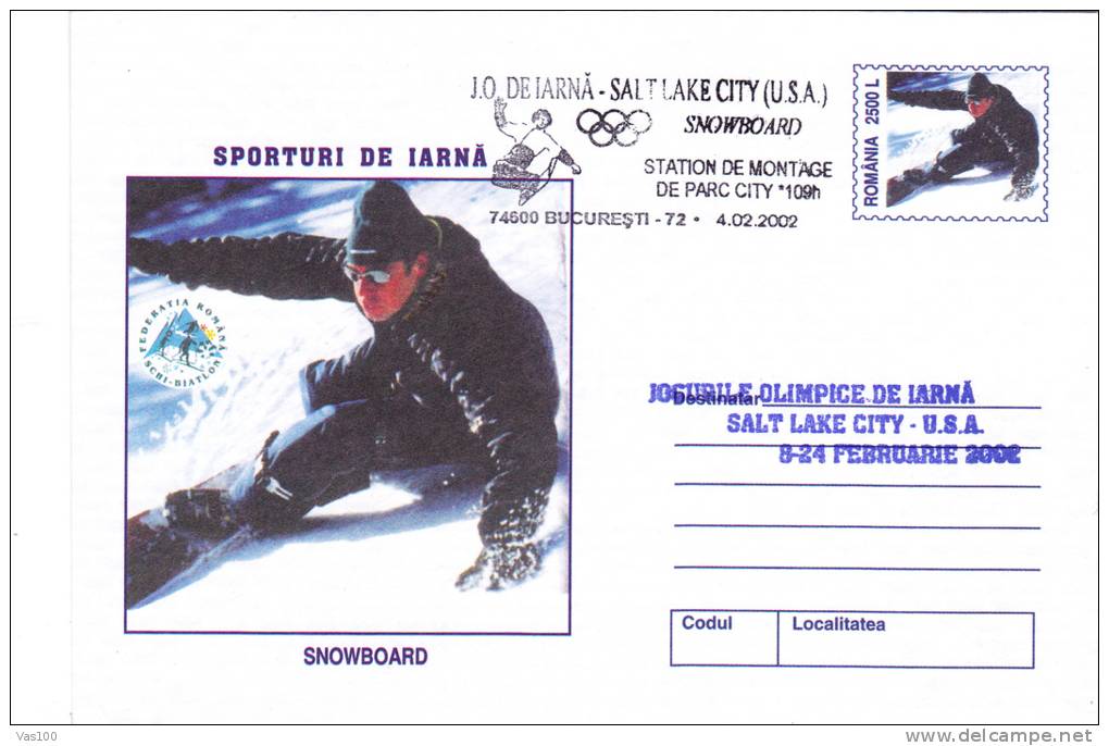 SALT LAKE CITY, WINTER OLYMPIC GAMES, 2002, COVER STATIONERY, ENTIER POSTAL, OBLITERATION CONCORDANTE, ROMANIA - Winter 2002: Salt Lake City