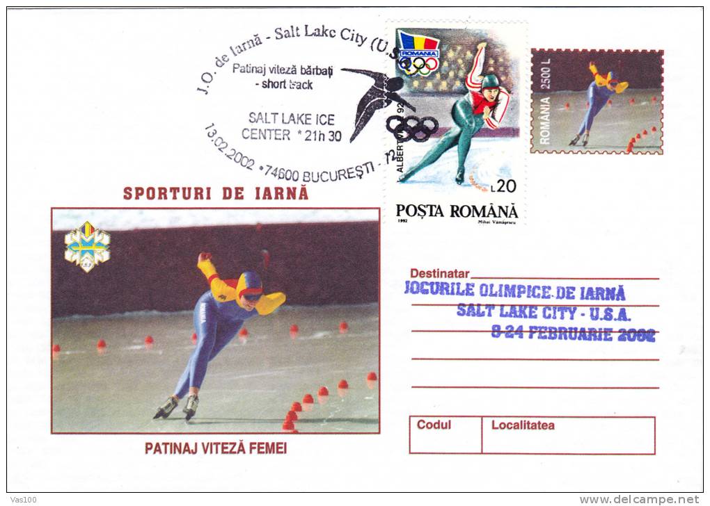 SALT LAKE CITY, WINTER OLYMPIC GAMES, 2002, COVER STATIONERY, ENTIER POSTAL, OBLITERATION CONCORDANTE, ROMANIA - Winter 2002: Salt Lake City