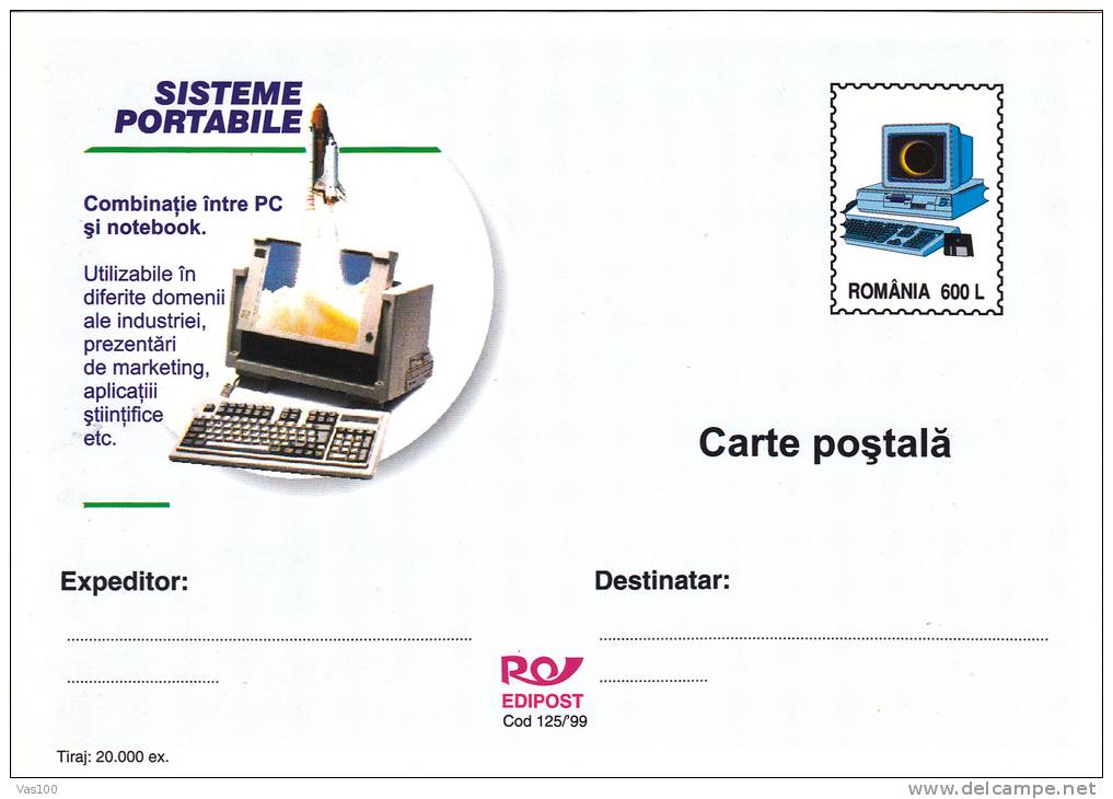 COMBINATION BETWEEN PC AND NOTEBOOK, 1999, CARD STATIONERY, ENTIER POSTAL, UNUSED, ROMANIA - Computers