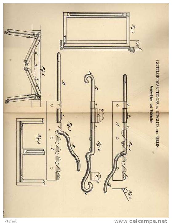 Original Patentschrift - G. Warttinger In Steglitz B. Berlin , 1887 , Halter Für Tür - Und Fensterflügel , Fensterbau !! - Arquitectura
