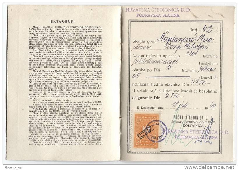 SAVINGS BANK - Passbook, 1940. Kostajnica, Croatia, Landmark - Banque & Assurance