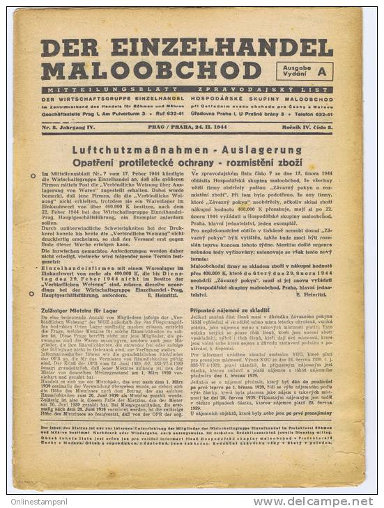 Böhmen + Mähren: Zeitung Mark Mit Der Einzelhandel Maloobchod, Prag 24-2-1944, Luftschutzmassnahmen - Storia Postale