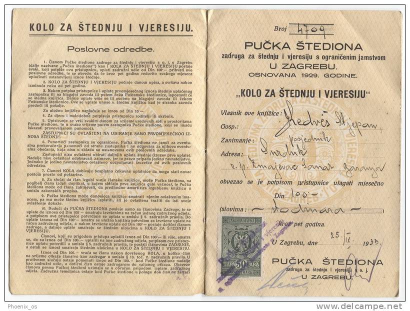 SAVINGS BANK - Passbook, 1933. Zagreb, Kingdom Of Yugoslavia, Landmark - Bank & Versicherung