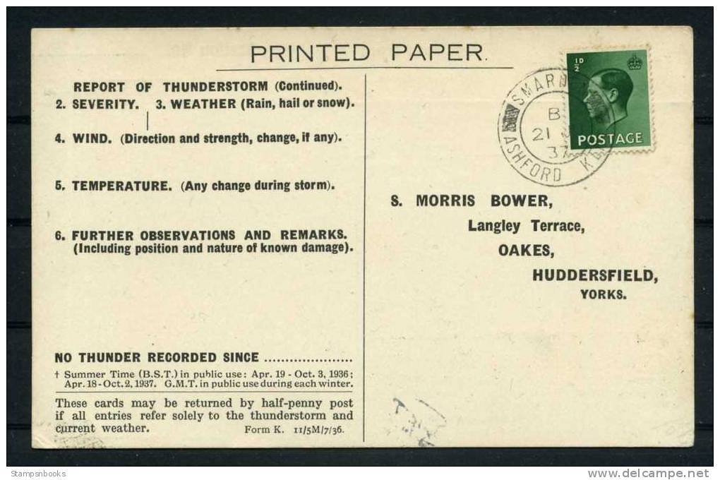 1937 Thunderstorm Report Ashford Kent Postcard - Lettres & Documents