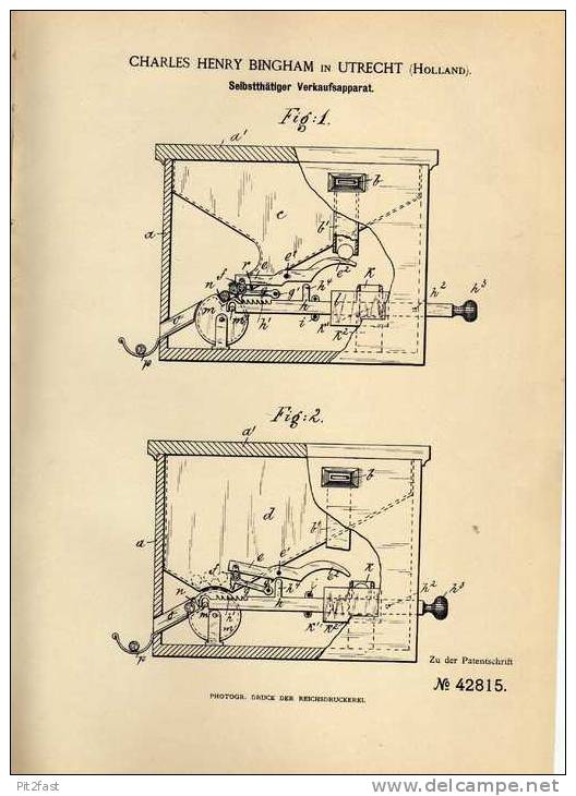 Original Patentschrift - C. Bingham In Utrecht , 1887 , Verkaufsapparat , Cigaretten - Apparat  !!! - Machines