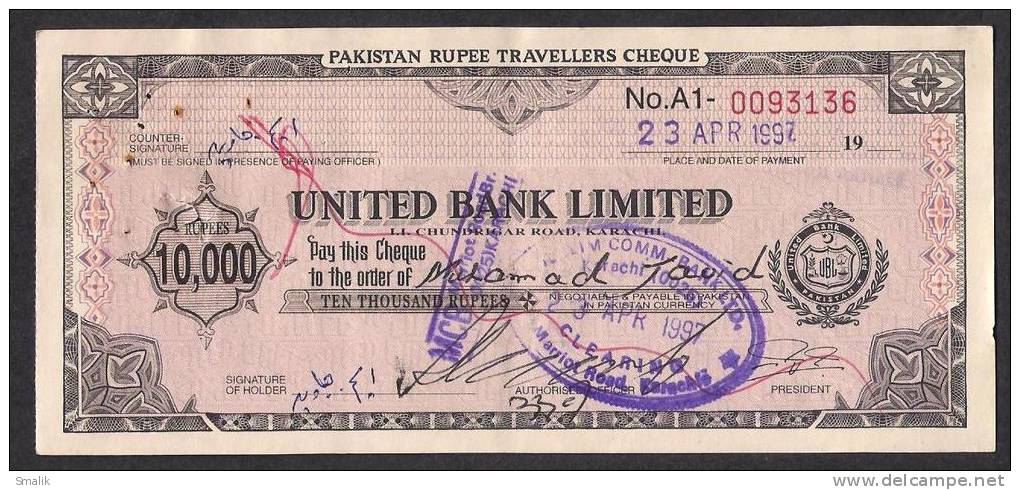 PAKISTAN 10,000 Rupees Travellers Cheque United Bank Limited 23-4-1997 - Bank En Verzekering