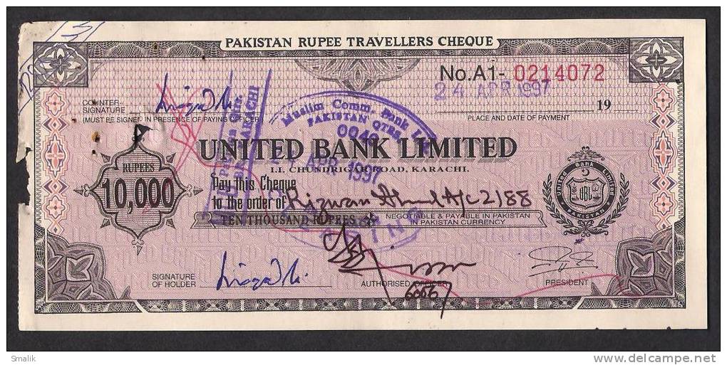 PAKISTAN 10,000 Rupees Travellers Cheque United Bank Limited 24-4-1997 - Bank & Insurance