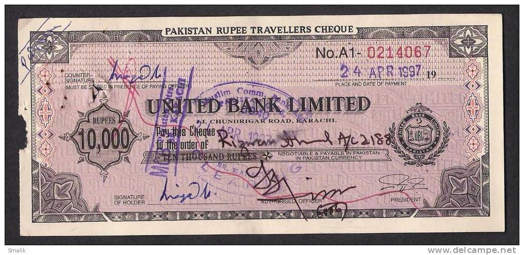 PAKISTAN 10,000 Rupees Travellers Cheque United Bank Limited 24-4-1997 - Banco & Caja De Ahorros