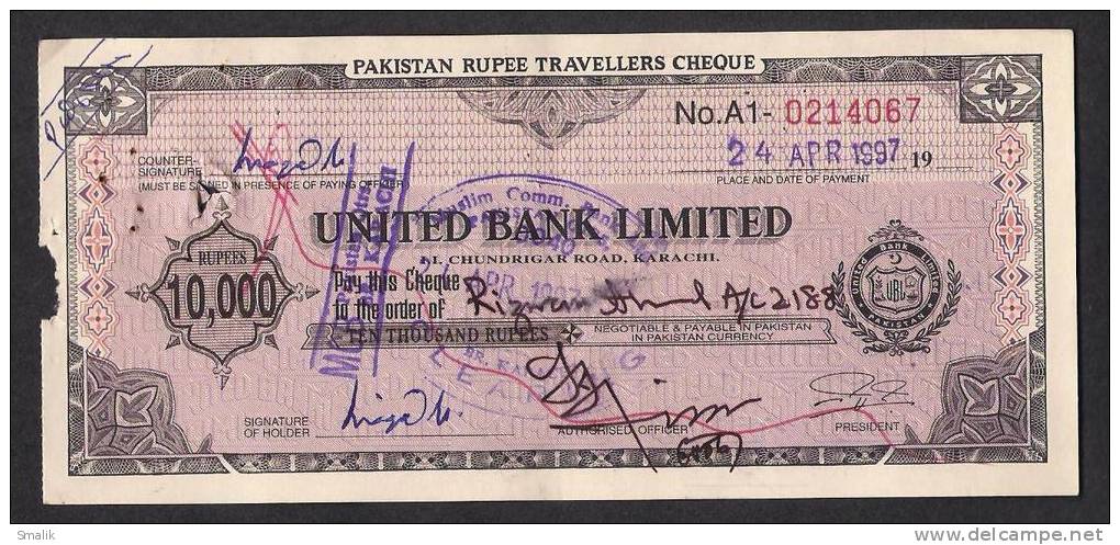 PAKISTAN 10,000 Rupees Travellers Cheque United Bank Limited 24-4-1997 - Bank & Insurance