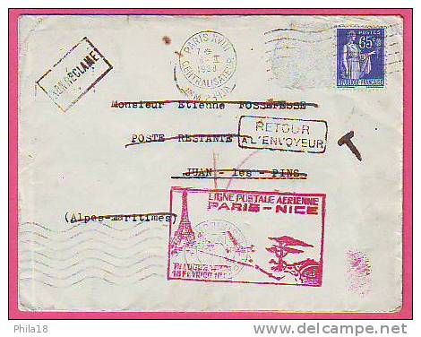 LETTRE DE PARIS DU  16-02-1938 POUR  JUAN LES PINS AVEC CACHET INAUGURATION PARIS-NICE LIGNE AIR BLEU NON RECLAME RETOUR - First Flight Covers