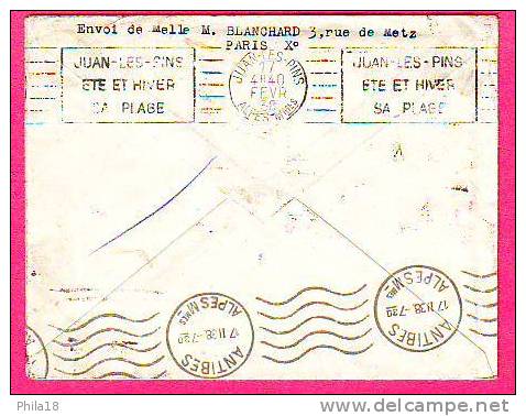 LETTRE DE PARIS DU  16-02-1938 POUR  JUAN LES PINS AVEC CACHET INAUGURATION PARIS-NICE LIGNE AIR BLEU NON RECLAME RETOUR - Premiers Vols