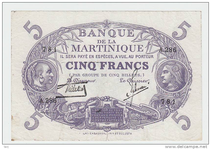 MARTINIQUE 5 FRANCS 1901 (1934-45) "F+" P 6 - Caraïbes Orientales
