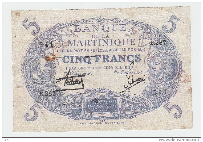 MARTINIQUE 5 FRANCS 1901 (1934-45) G-VG P 6 - Ostkaribik