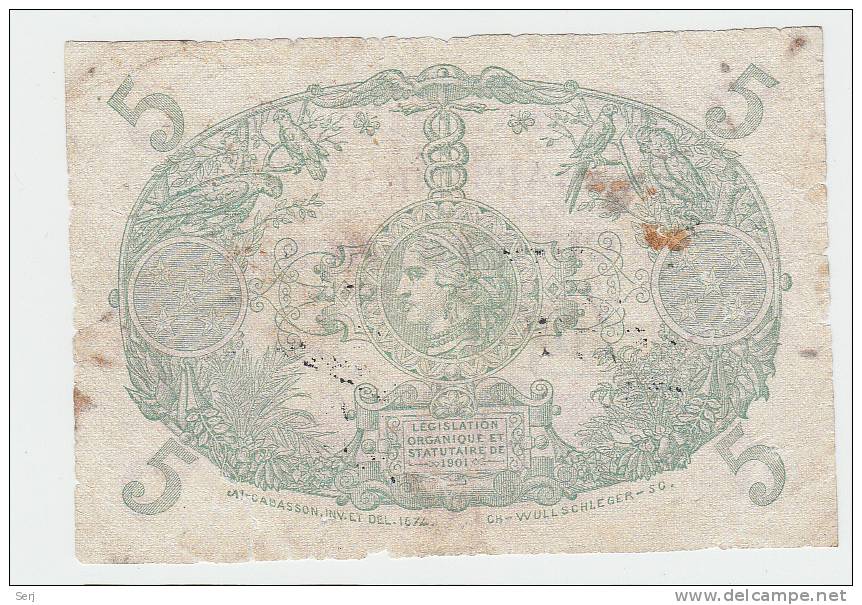 MARTINIQUE 5 FRANCS 1901 (1934-45) G-VG P 6 - Caraïbes Orientales